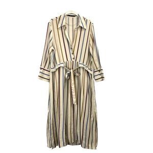 Zara belted striped collared midi dress Sz L‎ earthy boho neutral
